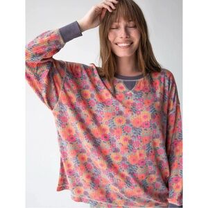 Natural Life Bohemian Floral Thermal Waffle Knit Long Sleeve Oversized Tee Top M